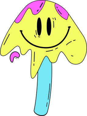 Gülümseyen yüzlü buzlu şeker, şeffaf arka planda sarı ve pembe damlıyor. Çizgi film, neşeli, canlı, şekerleme, tatlı, kaprisli, neşeli