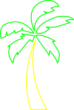 Düz neon çizgili palmiye ağacı, şeffaf arkaplanda sarı gövde ve yeşil yapraklarla parıldıyor. Neon, stilize, grafik, botanik, aydınlatma, modern, dekoratif