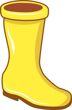 Çizgi film tarzı sarı lastik bot şeffaf arka planda gösteriliyor, parlak bir parıltı var. Ayakkabı, moda, illüstrasyon, su geçirmez, açık hava, canlı, oyuncu.
