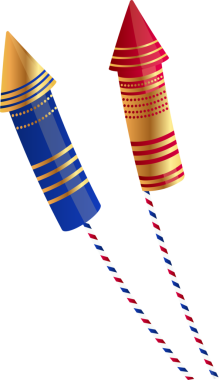 Flat design rocket fireworks diagonally showing banded bodies, striped rods, transparent background. Festive, celebration, illumination, vibrant, graphic, decorative, patriotic