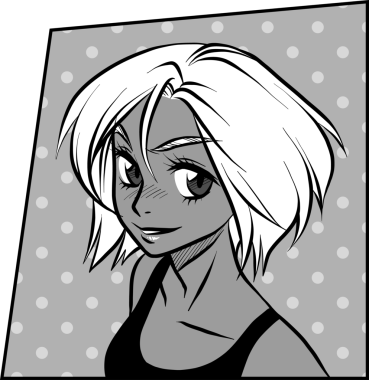 Gülümseyen kadın büstü, eğimli polka panelinde, şeffaf arka planda komik bir şekilde ortaya çıkıyor. İllüstrasyon, portre, grafik tasarım, manga, çizgi roman sanatı, monokrom, anlamlı