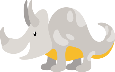 Çizgi filmdeki gergedanlar düz dizaynlı iki boynuz ve sarı karnı gösteriyor. , maskotlar, neşeli, düz tasarım, karakter çizimi, çocuk medyası, hayvanat bahçesi.