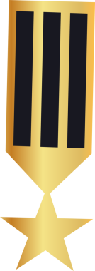 Şekillendirilmiş altın madalya amblemi üç siyah şerit ve yıldızlı şeffaf arkaplan ile parıldıyor. Ödül, başarı, takdir, madalya, mükemmellik, onur, prestij