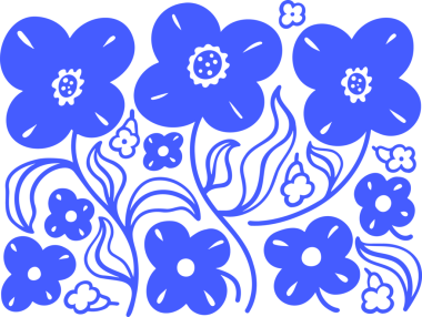 Düz tasarım, şeffaf arkaplan üzerinde kıvrımlı sapları ve dalgalı yaprakları olan mavi çiçek motiflerini gösteriyor. Botanik, çiçek, doğa, dekoratif, kusursuz, desen, organik