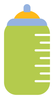 Düz bir bebek şişesi açık bg üzerinde süzülüyor. Kireç yeşili beyaz çizgiler gösteriyor. Mavi yakalı sarı şapka. Bebek bakımı, çocuk bakımı, çocuk bakımı, minimalist, konukseverlik, hijyen, güvenlik