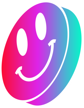 Gradient smiley discs are overlapping in flat style with white outlines on transparent background. Abstract, vibrant, geometric, playful, modern, digital, minimalistic