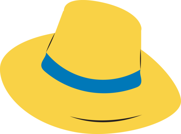 Sarı fötr şapka vektör tarzında şeffaf arkaplanda süzülüyor, mavi kurdele bandını gösteriyor. Moda aksesuarı, başlık, minimalist tasarım, vektör illüstrasyonu, şık kostüm, marka unsuru, dekoratif öğe