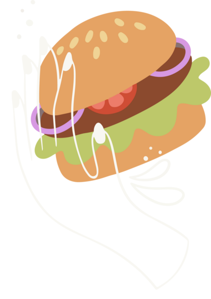 Çizgi film stili çizimler, yüzen hamburgeri sığır eti, marul ve açık arkaplanda kıvrımları gösteriyor. Oyuncu, enerjik, minimalist, fast food, dijital sanat, aperatif, grafik tasarımı
