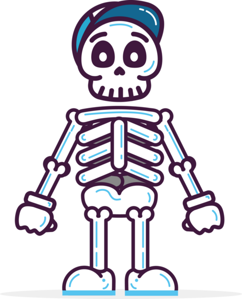 Cartoon skeleton is wearing backward blue baseball cap, transparent background, flat grey shadow. Illustration, playful, whimsical, minimalist, character, fun, casual