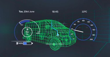 Batarya simgesi tam şarja ulaşıyor. Kablo karavanı 35 km 'ye yaklaşıyor. Titreşimli Eco göstergesi var. Dijital, geleceksel, teknoloji, elektrik, hareketlilik, berraklık, verimlilik