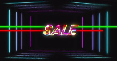 Satış işlemini başlatan yeşil arızalı mektup satışı destekleyen tünel renkli çubukları kesiyor. Fütürist, dijital, neon, arıza, canlı, siber, reklam