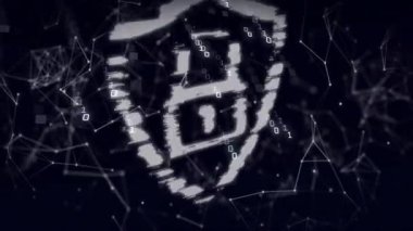 İkili bitler siber güvenlik için kilitlenmemiş asma kilit ikonu döngüsü gibi kalkan oluşturuyorlar. Siber uzay, güvenlik, koruma, şifreleme, teknoloji, dijital, güvenlik