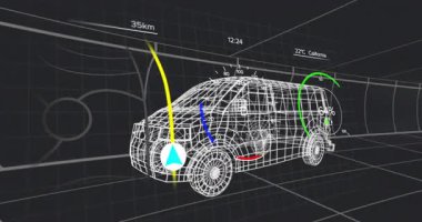 Minivan, güzergahta yön bulma için yükselen göstergeler ve titreşen okla seyrüsefer başlatıyor. Özerk, gelecekçi, dijital, ulaşım, hareketlilik, teknoloji, yenilik