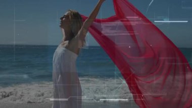 Dişi model, esinti onu yakalarken saf kırmızı kumaş yetiştiriyor, HUD teknolojide sürükleniyor. Zarafet, özgürlük, hareket, dinginlik, dijital sanat, moda, açık hava