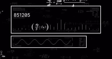 Sayıları ve çubukları güncelleyen veri beslemesi için boş GUI panelleri kullanırken sinüs dalgası görüntüleme verileri salınıyor. Futuristik, teknoloji, analitik, dijital, arayüz, görselleştirme, yenilik