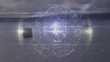 Holografik küre ortaya çıktıktan sonra görselleştirme ağı tekneyi çekirdekten geçirerek yol gösteriyor. Fütürist, soyut, dijital, teknoloji, bağlantı, su altı, ortam