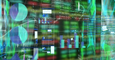 Veri canlandırma paneli pasta grafikleri, çubuk ve çizgi grafikleri ve sayısal çıktıları gösteriyor. Analizler, finans, teknoloji, fütürizm, dijital, arayüz, veri