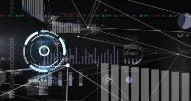 Sanal gösterge paneli, ağ çizgileri ve çubuk grafikleri içinde dönen parlak HUD görüntüleme. Gelecek, teknoloji, dijital, arayüz, veri, görselleştirme, siber