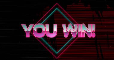 Sentetik oyun arayüzü üzerinden neon You WIN metni gösteriliyor, parlayan cyan magenta elması. Neon, ışıltı, fütüristik, dijital, retro, canlı, başarı