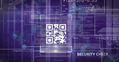 QR kod tarama parantezleri, veri akışları, metin etiketleri ve kılavuz satırları içeren güvenlik UI görüntüleme. Teknoloji, siber güvenlik, dijital, geleceksel, arayüz, veri, ağ