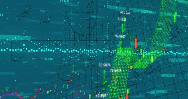 Yükselen şamdan grafiği ve noktalı ok grafiği dijital ızgarada etiketlerle gösteriliyor. Finansal analiz, veri görselleştirme, teknolojik, analitik, dijital, grafik, istatistiksel