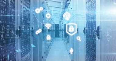 Veri merkezi koridorunda asma kilit simgeleriyle birlikte veri ışıkları olan sunucu rafları görüntüleniyor. Teknoloji, siber güvenlik, veri altyapısı, ağ, dijital güvenlik, şirket, sanayi