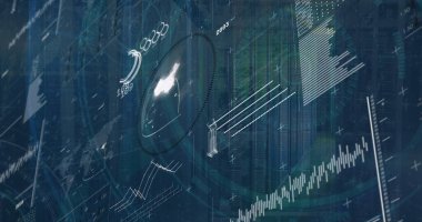 Kontrol merkezi ekranında dijital veri arayüzü gösteriliyor, çizgi grafikleri, çubuk grafikleri ve radarla. Gelecekçi, analitik, teknoloji, görselleştirme, yenilik, arayüz, siber güvenlik