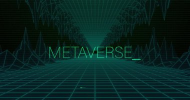 Parlayan neon METAVERSE _ metin, tepe noktaları ve çizgi grafik meshleri ile kablo şebekesi üzerinde asılı duruyor. Fütürist, dijital, sanal, soyut, siber, sürükleyici, parlak