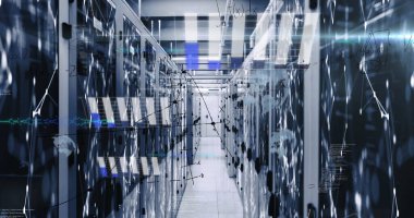 Veri merkezindeki sunucu dolapları arasında LED ışıkları ve veri örtülerini gösteren aydınlatıcı koridor. Teknoloji, veri, siber güvenlik, otomasyon, ağ oluşturma, modern, profesyonel