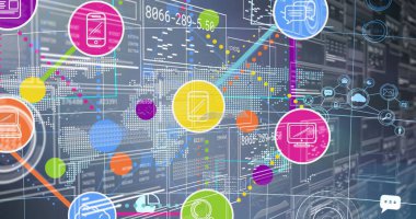 Ağ diyagramı gösteriliyor sunucu rafları arkaplanı, aygıt simgeleri ve veri akışları ile kaplanıyor. Teknoloji, siber güvenlik, dijital, altyapı, bağlantı, yenilik, veri analizi