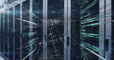 Veri merkezi koridorunda parlayan sunucu rafı, LED ışıkları, ikili akışlar, matematiksel örtüler. Teknoloji, ağ, dijital, siber güvenlik, veri, yenilik, fütürist