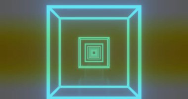 Sanal uzayda sarı bantla parlayan neon kare çerçevelerin tünel oluşturması. Fütürist, dijital, soyut, aydınlık, geometrik, dalgın, canlı