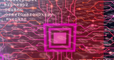 Neon pembe çip motifi beyaz kod kaplamalı parlayan devre hatları gönderiyor. Fütürist, dijital, teknoloji, siber, devre, yüksek teknoloji, holografik