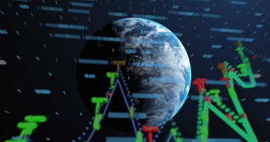 Neon yeşil çizgi grafikleri ve açık mavi kod çizgileriyle uzayda yüzen Dünya gezegeni. Gezegen, evren, teknoloji, bağlantı, dijital, yenilik, iletişim