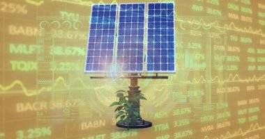 Metal kutuptaki üç panelli güneş paneli finans tablolarında fideleri büyüten, kalp kaplamalı. Yenilenebilir, sürdürülebilirlik, teknoloji, finans, dijital, yenilik, çevre dostu