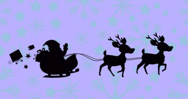 Süzülen Noel Baba figürü. Mor kar tanesi gökyüzünde kızak çeken ren geyiği. Devrilen hediyeler. Şenlik, bayram, kutlama, kış, gelenek, sihir, hediye verme