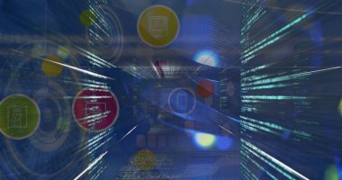 Sanal koridorda UI halkaları ve yüzen holografik simgelerle dijital kod tüneli akışı. Siber güvenlik, fütüristik, teknoloji, yenilik, sanal, arayüz, veri görselleştirme