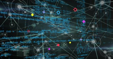 Renkli geometrik düğümler ve kod metinleriyle, veri ortamında soyut dijital ağ görüntüleniyor. Fütüristik, teknolojik, veri, bağlantı, siber, görselleştirme, yenilik