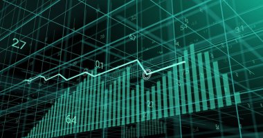 Parlayan beyaz çizgi grafiği ve sayısal etiketlerle ızgara uzayda turkuaz 3D bar grafiği gösteriliyor. Fütüristik, veri analizi, teknoloji, görselleştirme, dijital, soyut, yenilik