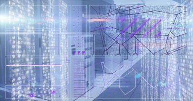 Sunucu odasını kaplayan dijital UI panelleri gösteriliyor, LED rafları, anahtar panelleri, harita, kod grafikleri. Gelecek, teknoloji, bağlantı, veri, siber güvenlik, dijital, yenilik