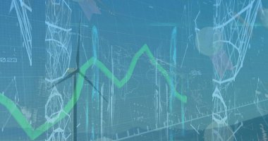 Sanal veri ızgarasında rüzgar türbini holografik yeşil hat şeması ve 3 boyutlu ağ ile birleşiyor. Yenilenebilir, geleceksel, veri görselleştirme, dijital, teknoloji, temiz enerji, yenilik