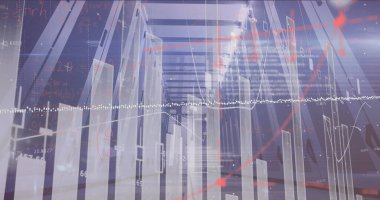 Şeffaf dikey çubuklar, dalga biçimi örtüsü ve eğilim oklarıyla koridorda çekiliyor. , veri bilimi, fütüristik, minimalist, analitik, teknoloji, bilgi grafikleri.