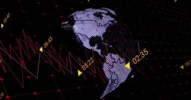 Kırmızı-sarı dalga formları, üçgen işaretler ve zaman damgalarıyla ızgaranın üzerinde dönen üç boyutlu bir küre. Küre, veri görselleştirme, fütüristik, dijital, soyut, teknoloji, analiz