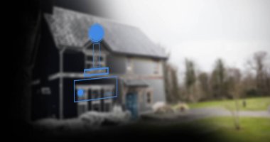 Ön bahçesinde iki katlı bir banliyö evinde asfaltlı bir yol, şeffaf mavi kaplama şekilleri var. Konut, mimari, modern, geometrik, minimalist, kentsel, çağdaş