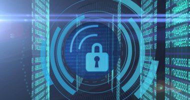 Yüzükler, kavisler, ikili paneller ve işaret aksanlarıyla dijital UI 'da parlayan cyan asma kilit simgesi gösteriliyor. Siber güvenlik, dijital, teknoloji, şifreleme, veri koruması, fütürist, arayüz