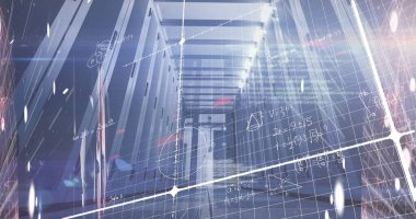 Sunucu rafları veri merkezinin merkez koridorunu LED 'ler ve ızgara formülleriyle gösteriliyor. Teknoloji, siber güvenlik, veri altyapısı, dijital ağ, endüstriyel, modern, yüksek teknoloji