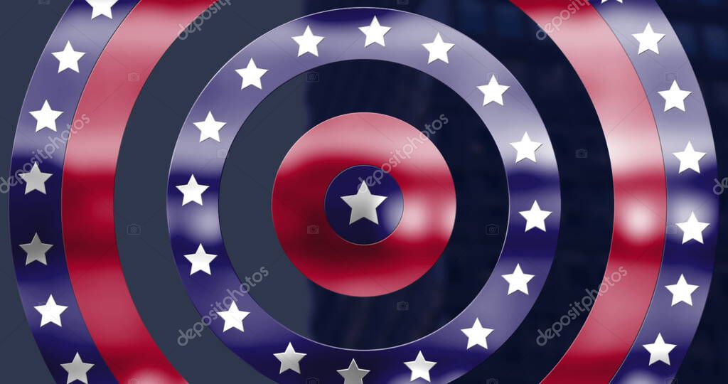 Featuring metallic emblem showing concentric rings on digital canvas, with white stars. Geometric, patriotic, emblem, badge, symmetry, glossy, reflective