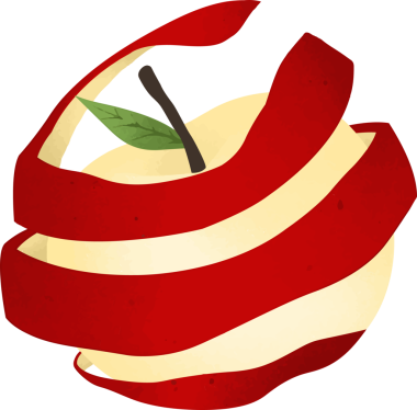 Soyulmuş elma kahverengi saplı ve yeşil yapraklı kırmızı döngüler gösteriyor, düz tasarım, şeffaf arkaplan. Meyve, atıştırmalık, minimalizm, taze, sağlıklı, enerjik, tatlı