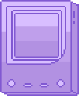 Piksel resim mor el bilgisayarı konsolu saydam arkaplanda yüzüyor, oyun kontrollerini gösteriyor. Retro, arcade, digital, nostaljik, elektronik, pikselli, eğlence