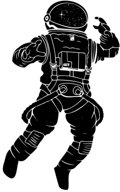 Tek renkli vektör astronot yaşam destek ünitesi yıldızlı güneşlik şeffaf arkaplan ile yüzüyor. Uzay keşfi, bilimsel illüstrasyon, macera, geleceksel, teknoloji, keşif, yalnızlık